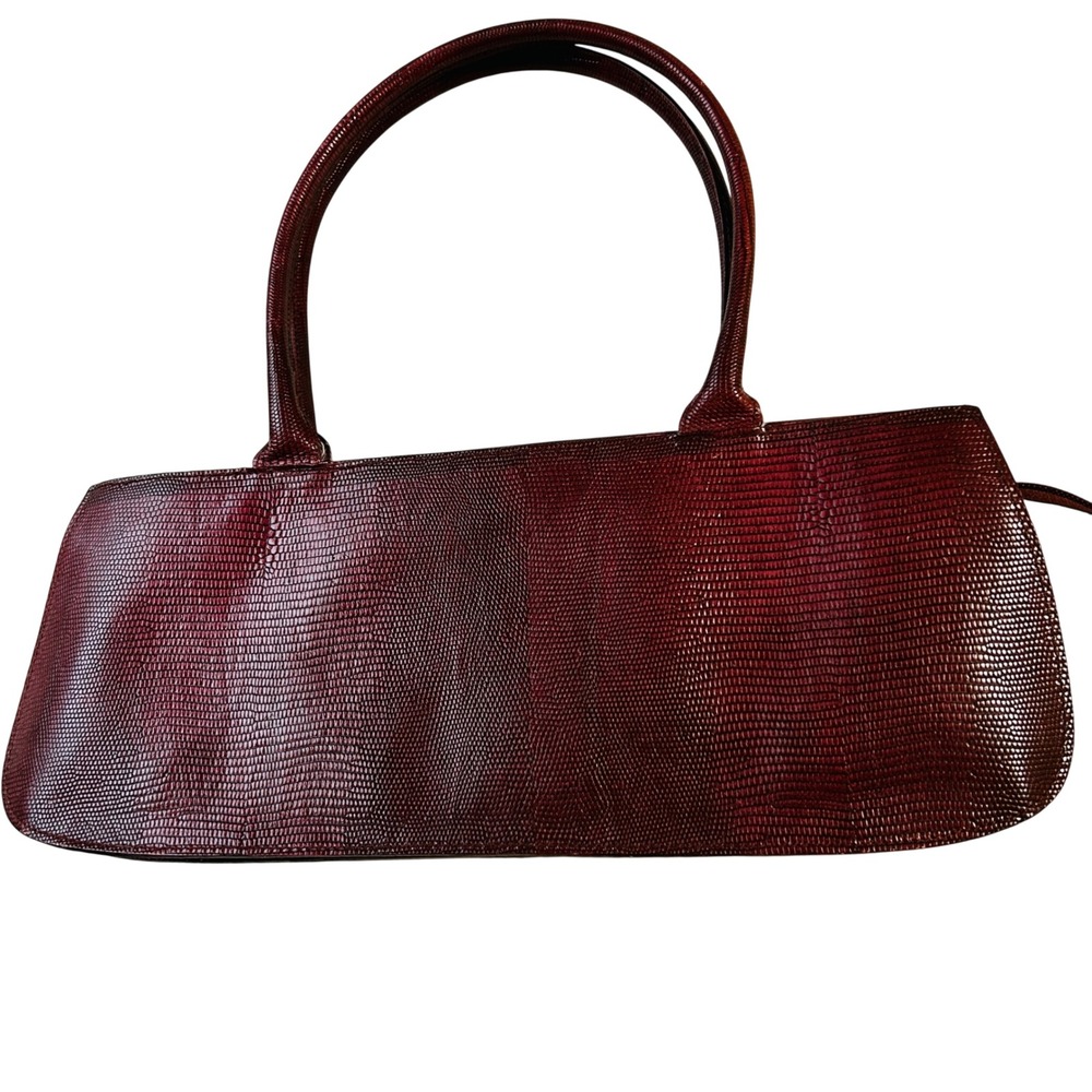 Furla Shoulder Bag Medium Burgundy Lizard Embossed Leather Buckle Flap - Picture 2 of 14